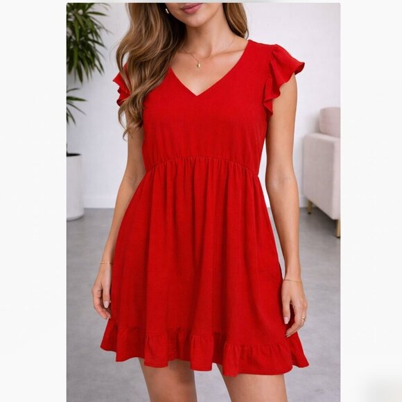JODIFL Dresses & Skirts - Jodifl Ruffle Sleeve Babydoll Dress Size Medium Red Flowy Boutique